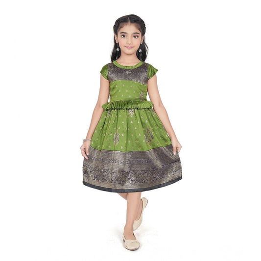Generic Girl's Brocket Printed Short Sleeve Round Neck Dress (Green)