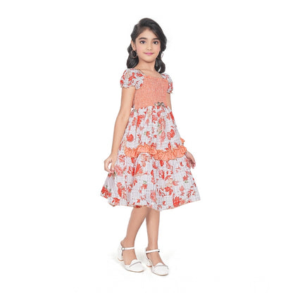 Generic Girl's Twill Printed Short Sleeve Squre Neck Dress (Red)