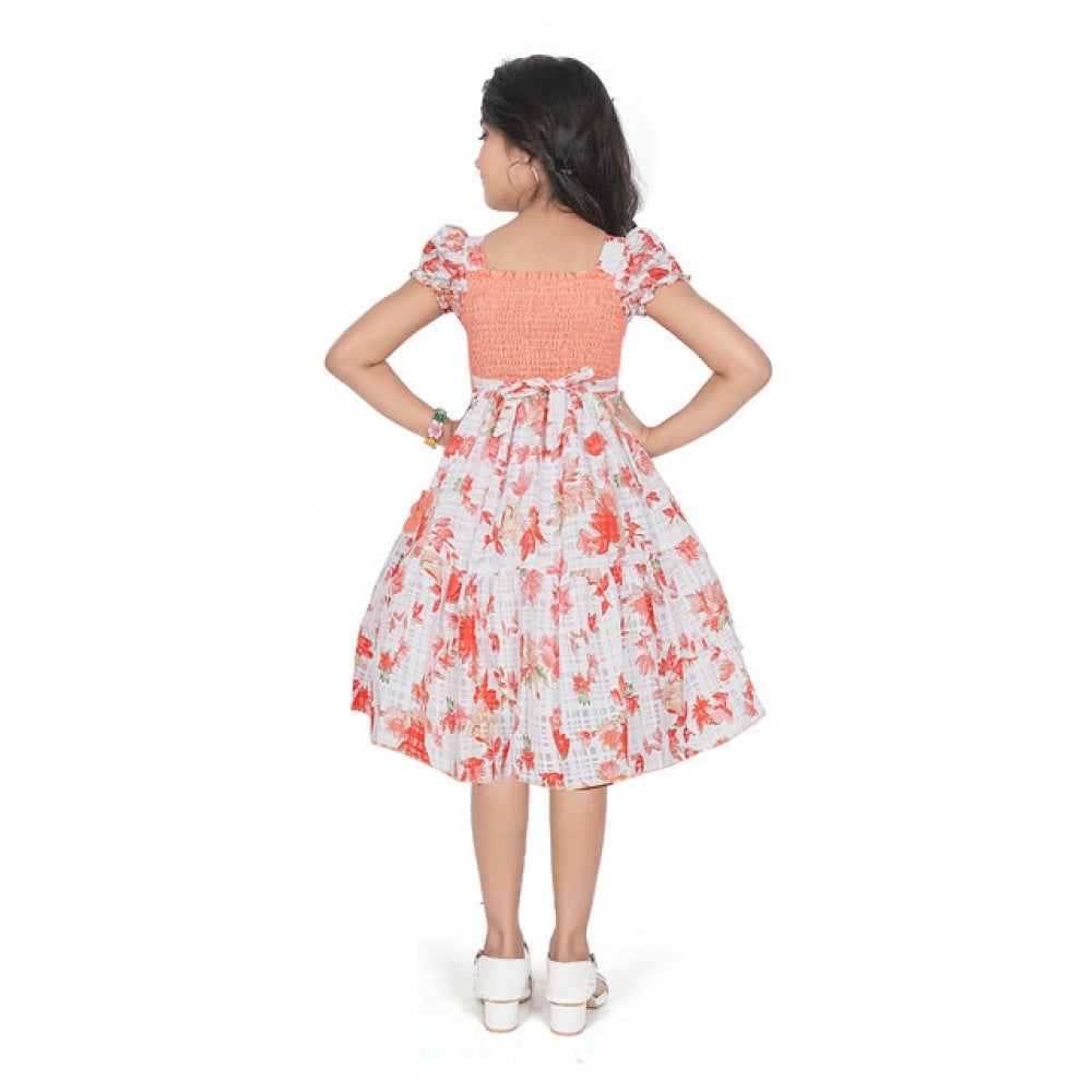 Generic Girl's Twill Printed Short Sleeve Squre Neck Dress (Red)