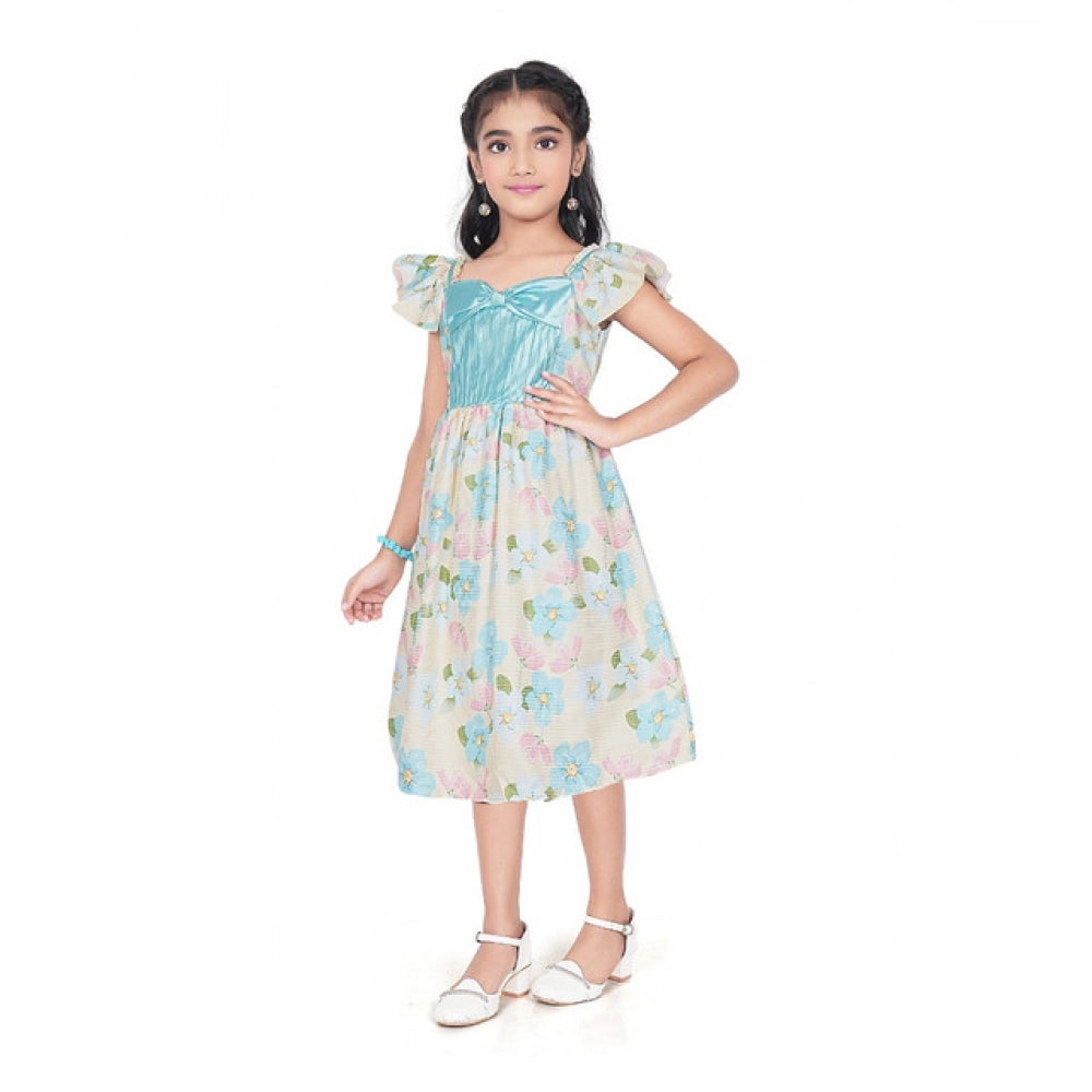 Generic Girl's Popcorn Printed Short Sleeve Squre Neck Dress (Sky Blue)