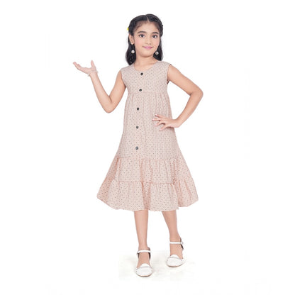 Generic Girl's Slub Printed Sleeve Less Round Neck Dress (Brown)