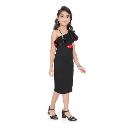 Generic Girl's Knitted Soild Sleeve Less Off Shoulder Dress (Black)