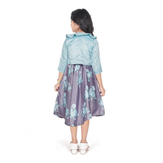 Generic Girl's Satin Printed Sleeve Less Round Neck Dress (Sea Green)