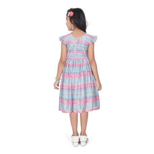 Generic Girl's Lycra Printed Sleeve Less Round Neck Dress (Multicolor)
