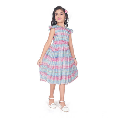 Generic Girl's Lycra Printed Sleeve Less Round Neck Dress (Multicolor)