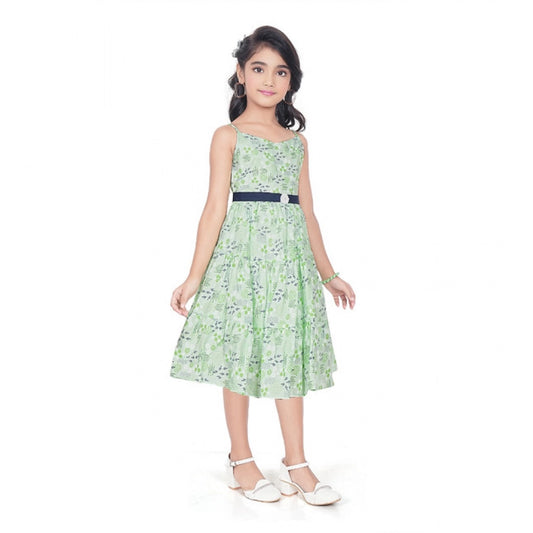 Generic Girl's Cotton Slub Printed Sleeve Less Round Neck Dress (Sea Green)