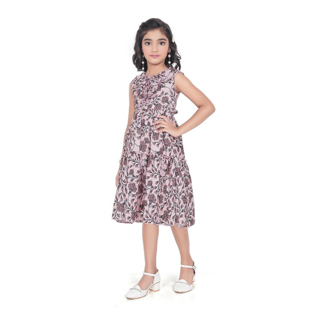 Generic Girl's Digital Slub Printed Sleeve Less Round Neck Dress (Brown)