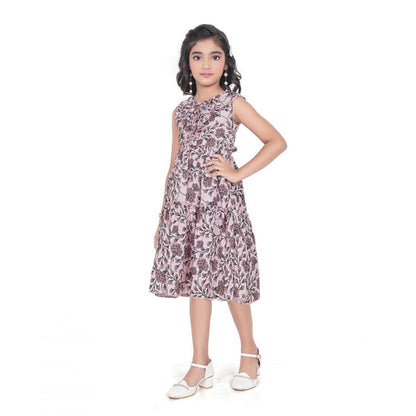 Generic Girl's Digital Slub Printed Sleeve Less Round Neck Dress (Brown)