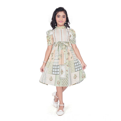 Generic Girl's Digital Knitted Printed Half Sleeve Close Neck Dress (Light Green)