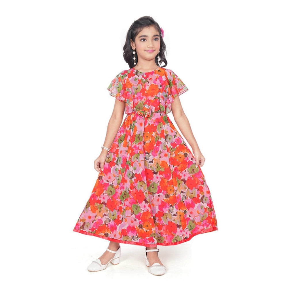 Generic Girl's Shiffon Printed Short Sleeve Round Neck Dress (Multicolor)