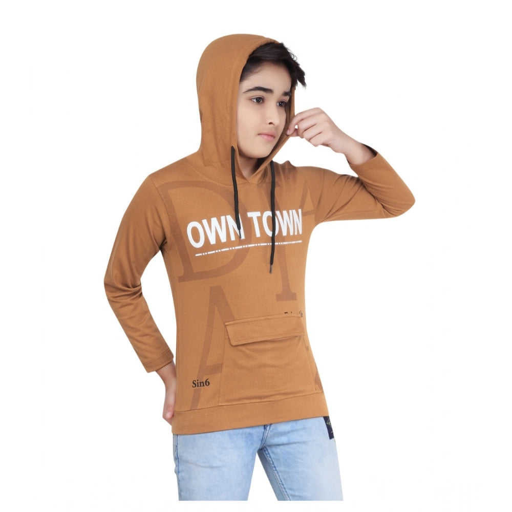 Generic Boy's Cotton Printeded Hooded Neck Hoodies (Brown)