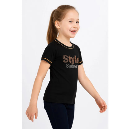 Generic Girl's Cotton Printeded Round Neck T-Shirt (Black)