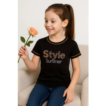 Generic Girl's Cotton Printeded Round Neck T-Shirt (Black)