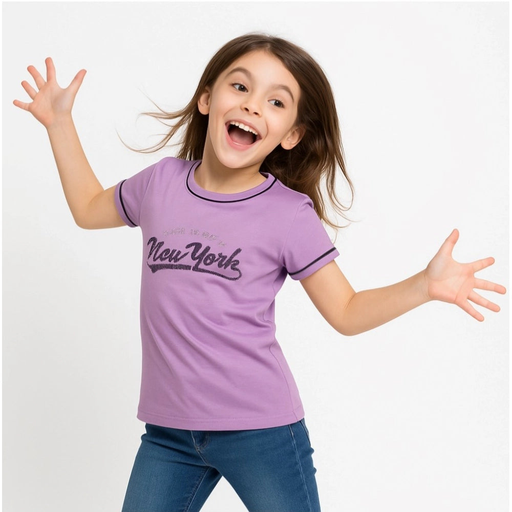 Generic Girl's Cotton Printeded Round Neck T-Shirt (Lavander)