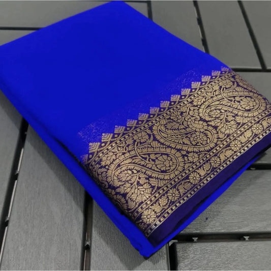 Generic Women's Crepe Chit Pallu Solid Saree With Unstitched Blouse 5.5Mtr (Navy Blue)