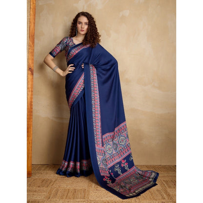 Generic Women's Satin Crepe Printed Saree With Unstitched Blouse 5.5Mtr (Navy Blue)
