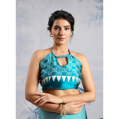 Generic Women's Satin Crepe Printed Saree With Unstitched Blouse 5.5Mtr (Rama Blue)