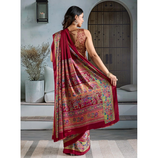 Generic Women's Satin Crepe Printed Saree With Unstitched Blouse 5.5Mtr (Maroon)