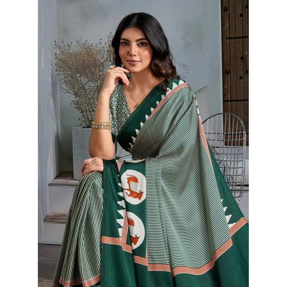 Generic Women's Satin Crepe Printed Saree With Unstitched Blouse 5.5Mtr (Green)