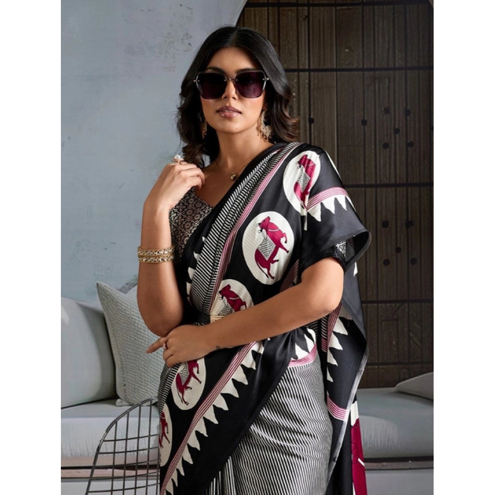 Generic Women's Satin Crepe Printed Saree With Unstitched Blouse 5.5Mtr (Black)