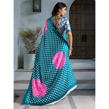 Generic Women's Satin Crepe Printed Saree With Unstitched Blouse 5.5Mtr (Sky Blue)