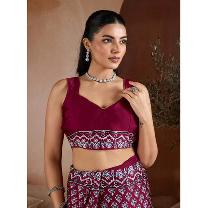 Generic Women's Satin Crepe Printed Saree With Unstitched Blouse 5.5Mtr (Maroon)