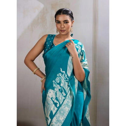 Generic Women's Satin Crepe Printed Saree With Unstitched Blouse 5.5Mtr (Sky Blue)