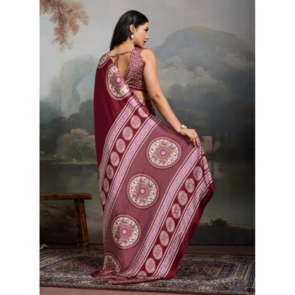Generic Women's Satin Crepe Printed Saree With Unstitched Blouse 5.5Mtr (Maroon)