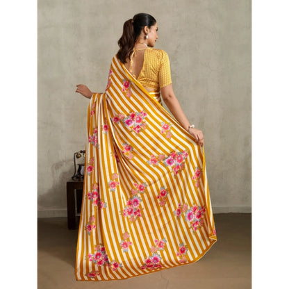 Generic Women's Satin Crepe Printed Saree With Unstitched Blouse 5.5Mtr (Mustard)