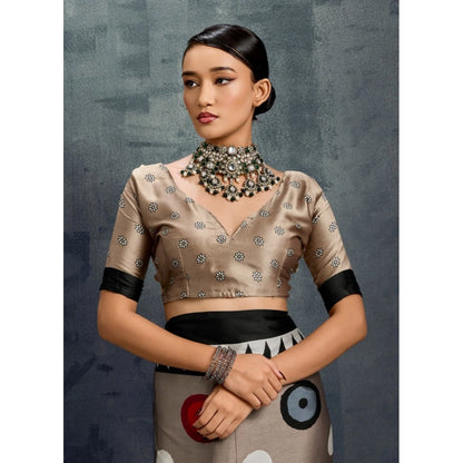 Generic Women's Satin Crepe Printed Saree With Unstitched Blouse 5.5Mtr (Grey)