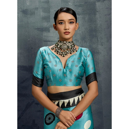 Generic Women's Satin Crepe Printed Saree With Unstitched Blouse 5.5Mtr (Sky Blue)