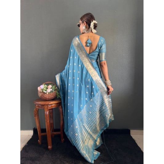 Generic Women's Satin Printed Saree With Unstitched Blouse 5.5Mtr (light Blue)