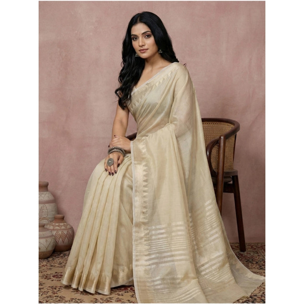 Generic Women's Cotton Printed Saree With Unstitched Blouse 5.5Mtr (Cream)