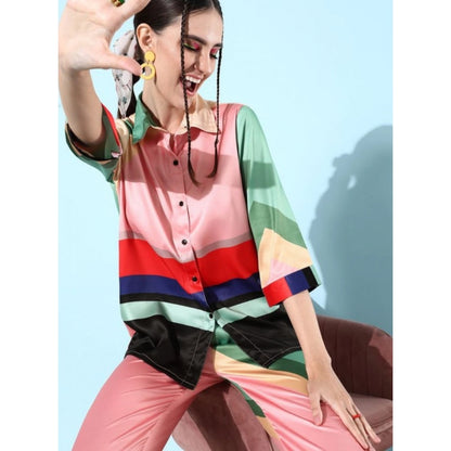 Generic Women's Satin Colour Block Long Sleeves Co-Ord Set (Multicolor)
