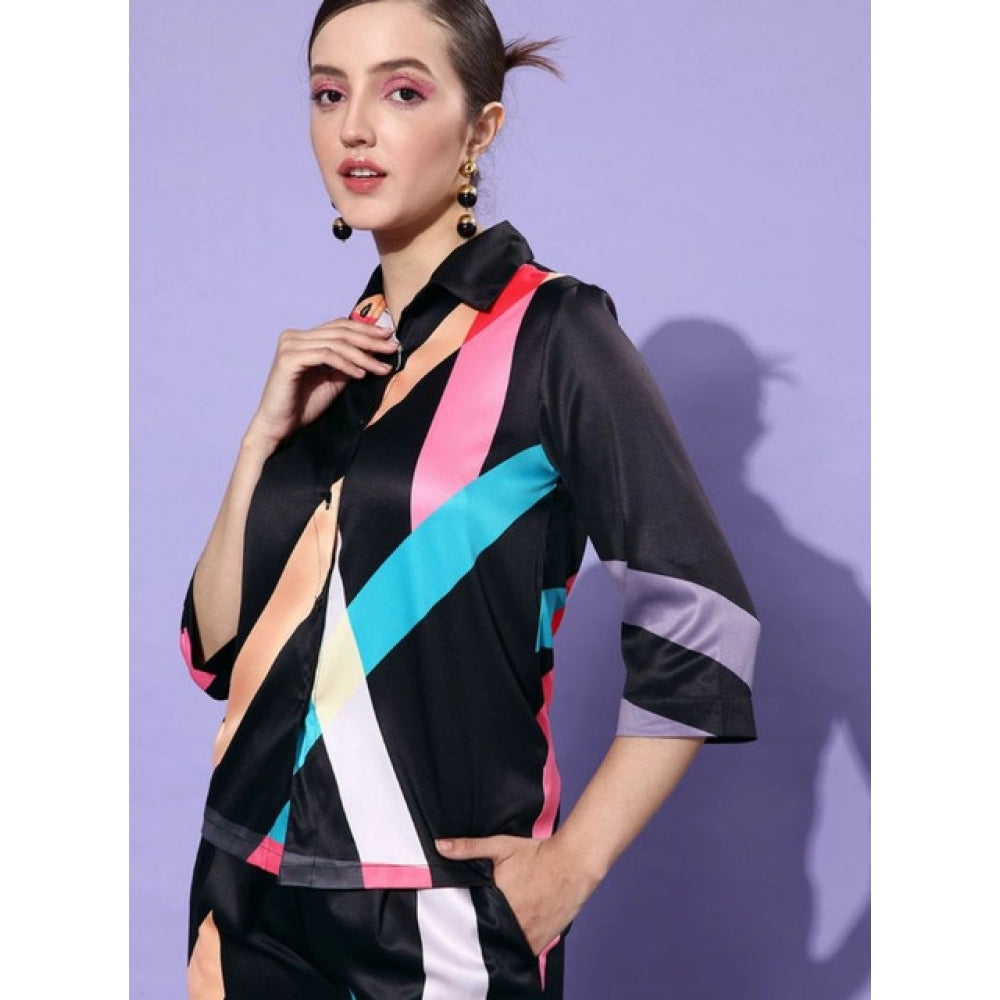 Generic Women's Satin Colour Block Long Sleeves Co-Ord Set (Multicolor)