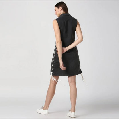 Generic Women's Denim Solid Sleeveless Dress (Black)