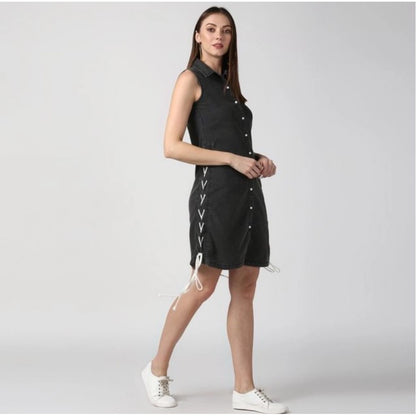 Generic Women's Denim Solid Sleeveless Dress (Black)