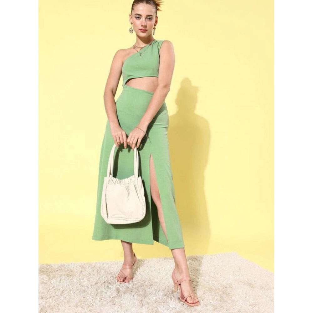Generic Women's Polyester Lycra Solid Sleeveless Dress (Green)