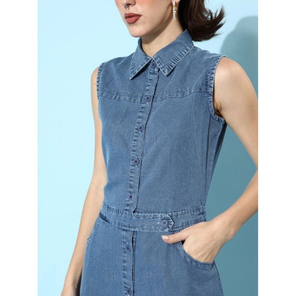 Generic Women's Denim Solid Sleeveless Dress (Blue)