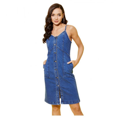 Generic Women's Denim Washed Shoulder Straps Dress (Blue)