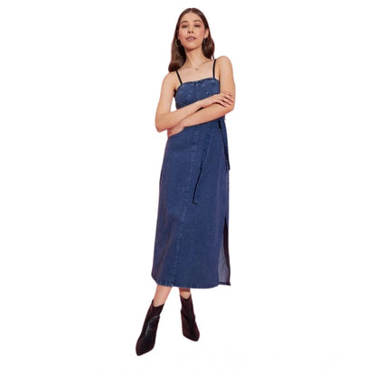 Generic Women's Denim Solid Shoulder Straps Dress (Blue)