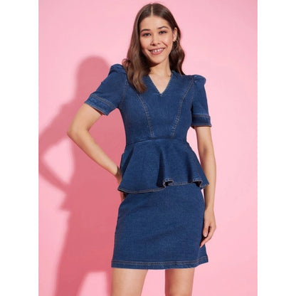 Generic Women's Denim Solid Puff Sleeves Dress (Blue)