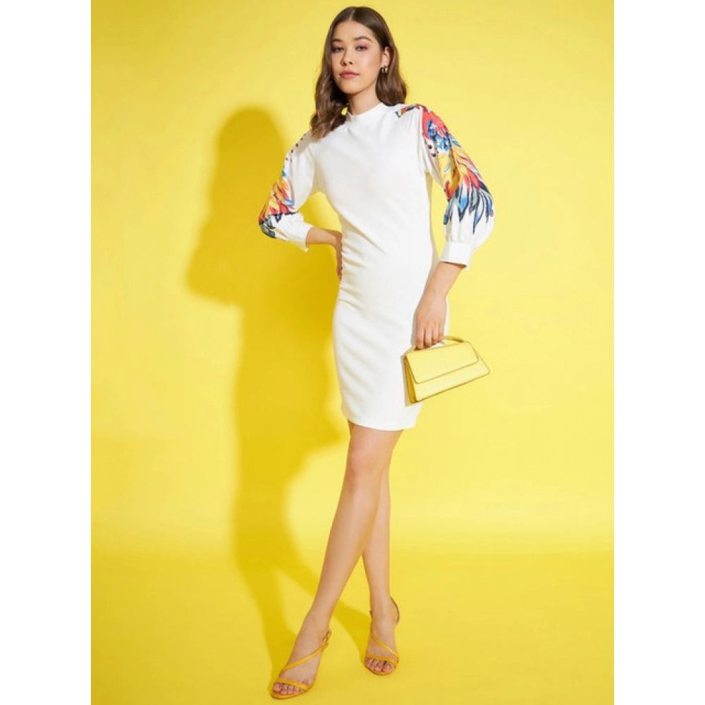 Generic Women's Polyester Lycra Printed Long Sleeve Dress (Multicolor)