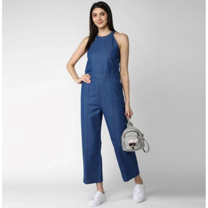 Generic Women's Denim Solid Sleeveless Jumpsuit (Blue)