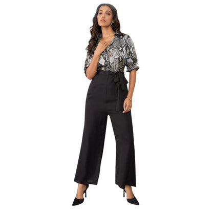 Generic Women's Satin And Polyester Floral Half Sleeves Jumpsuit (Grey - Black)