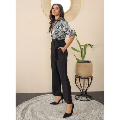 Generic Women's Satin And Polyester Floral Half Sleeves Jumpsuit (Grey - Black)