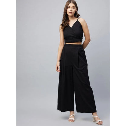 Generic Women's Cotton Linen Solid Sleeveless Crop Top and Palazzo Set (Black)