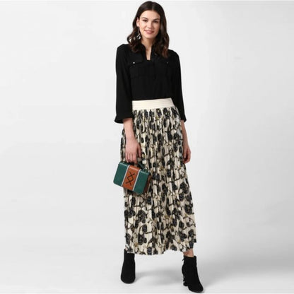 Generic Women's Georgette Chain Print Elasticated Skirt (Cream-Black)