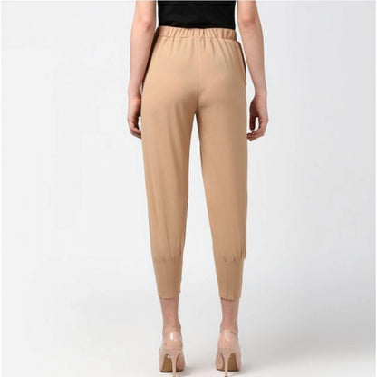Generic Women's Polyester Solid Elasticated Trousers (Beige)