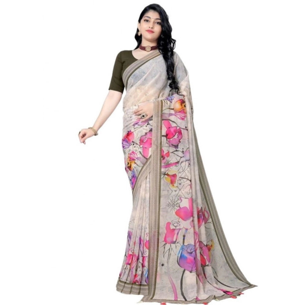 Generic Women's Georgette Floral Printed Saree With Unstitched Blouse 5.5Mtr (Beige)